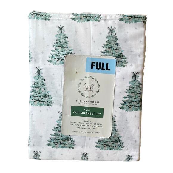 The Farmhouse Rachel Ashwell FULL Sheet Set Christmas Trees 4pc 100% Cotton NEW - Picture 1 of 10